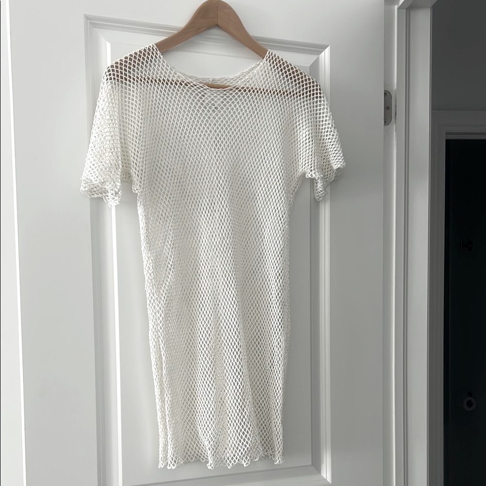 Linda Lundstrom White Mesh Swim Coverup